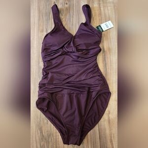 NEW Lauren Ralph Lauren Beach Club Ruffle Surplice Swimsuit Burgundy Size-8